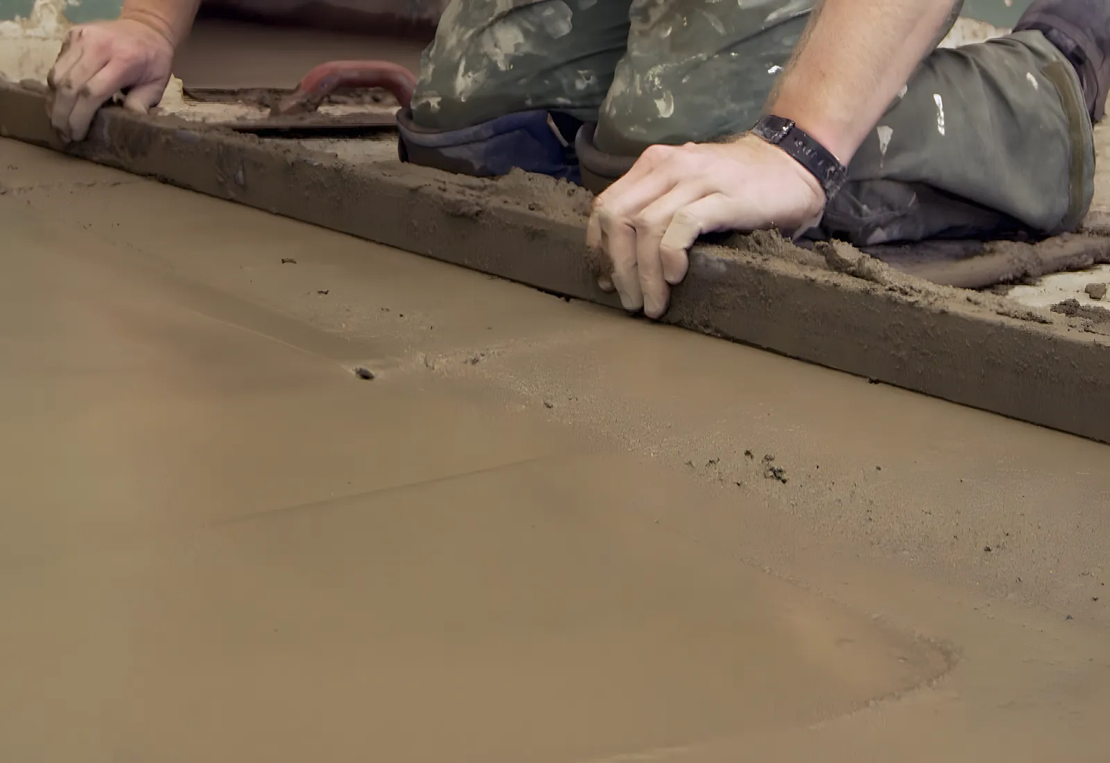 Screed being ruled off with a timber straight edge