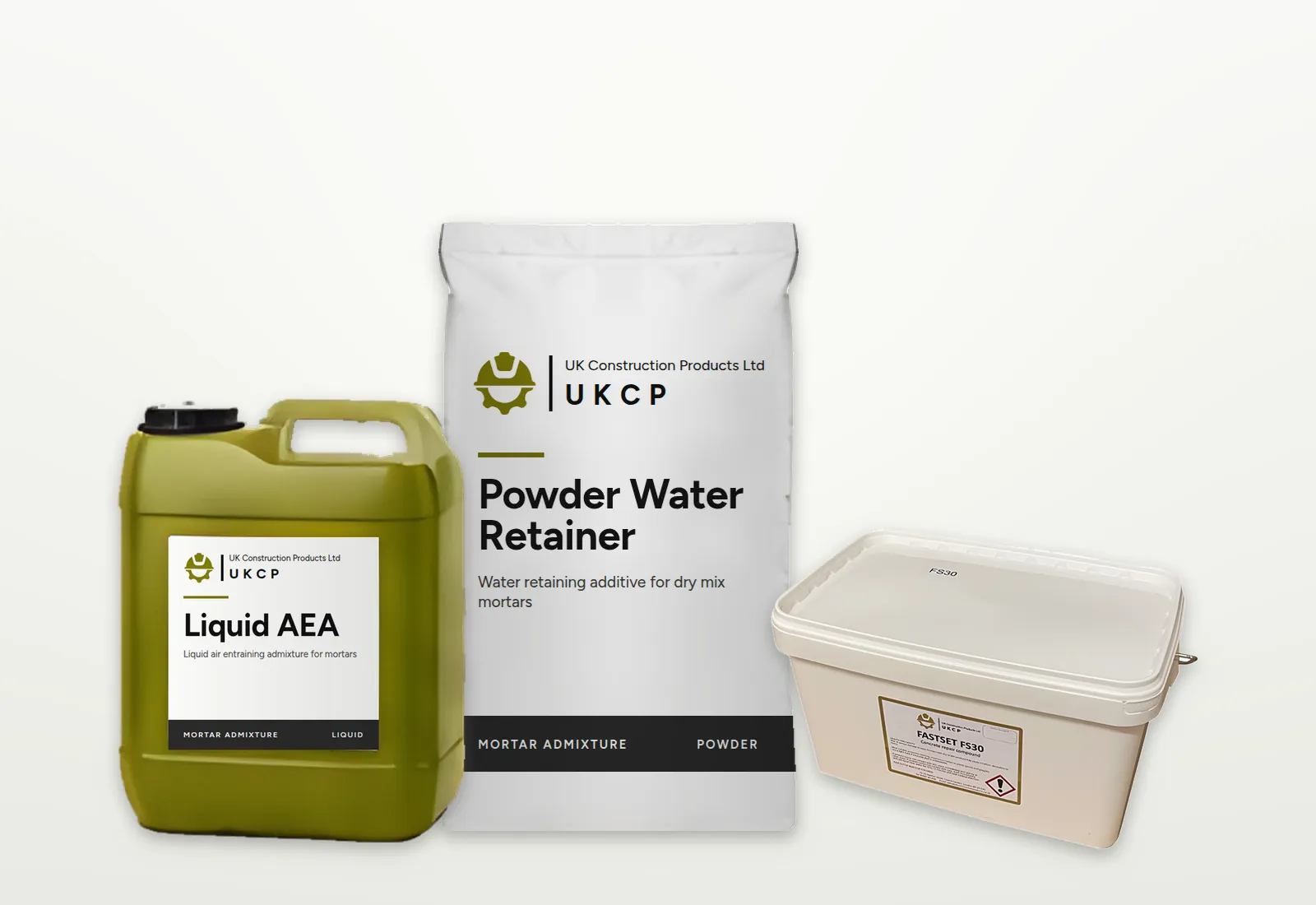 UKCP Liquid AEA jerrycan, Powder Water Retainer sack and a product tub