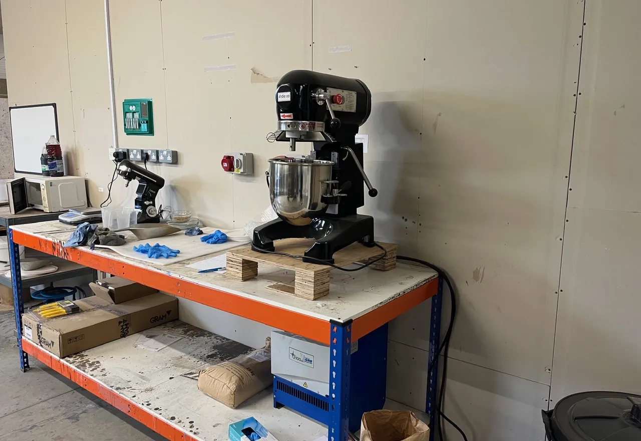 Mixers and test equipment on a bench in the UKCP laboratory