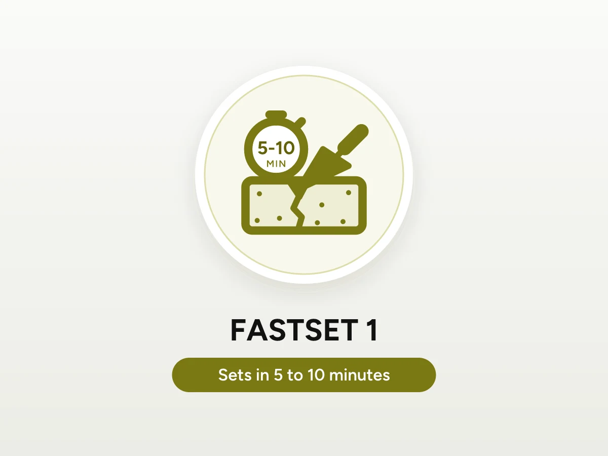 Icon of a trowel filling a crack in concrete, with a stopwatch showing the 5 to 10 minute set time of FASTSET 1