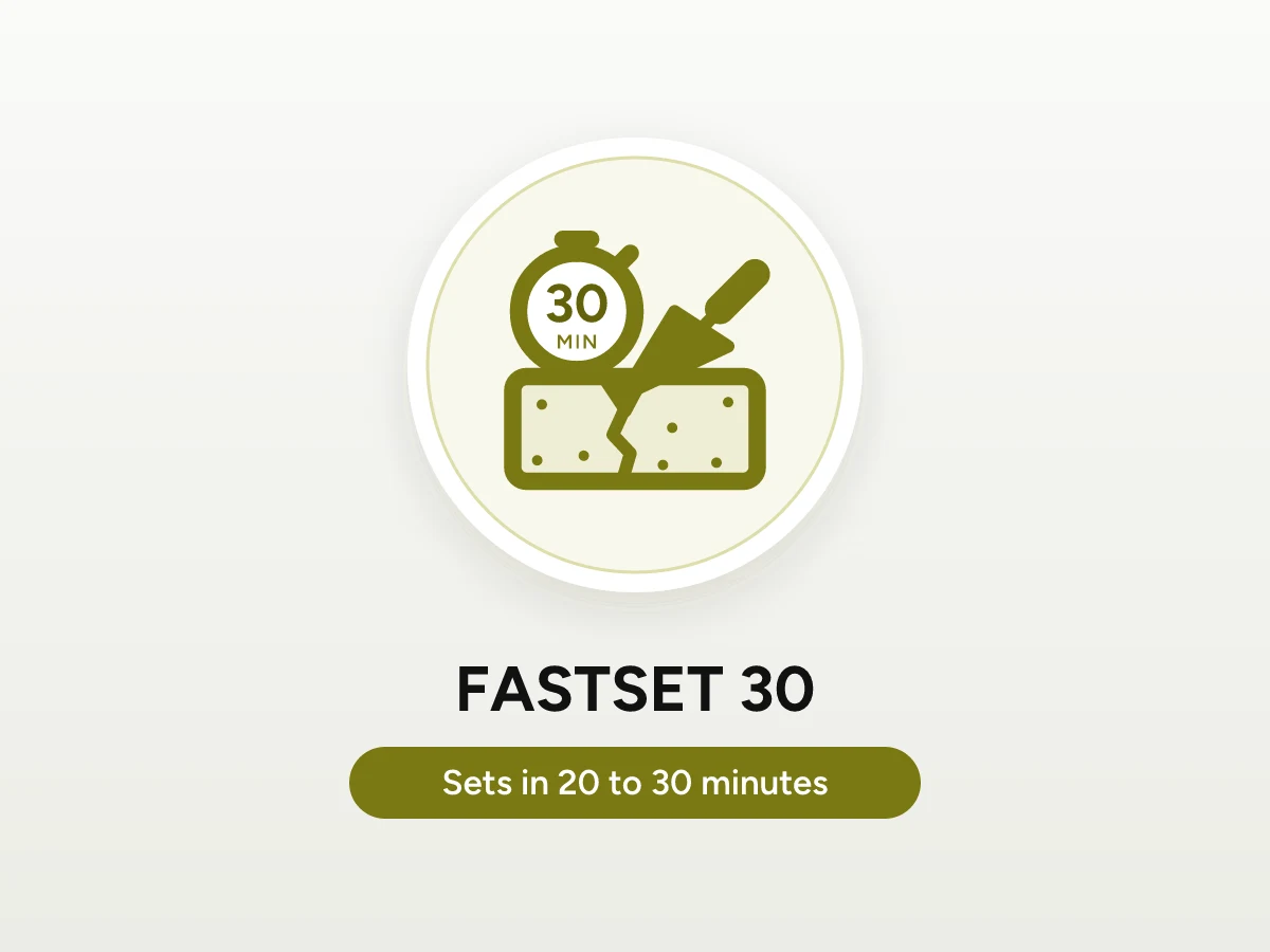 Icon of a trowel filling a crack in concrete, with a stopwatch showing the 30 minute set time of FASTSET 30