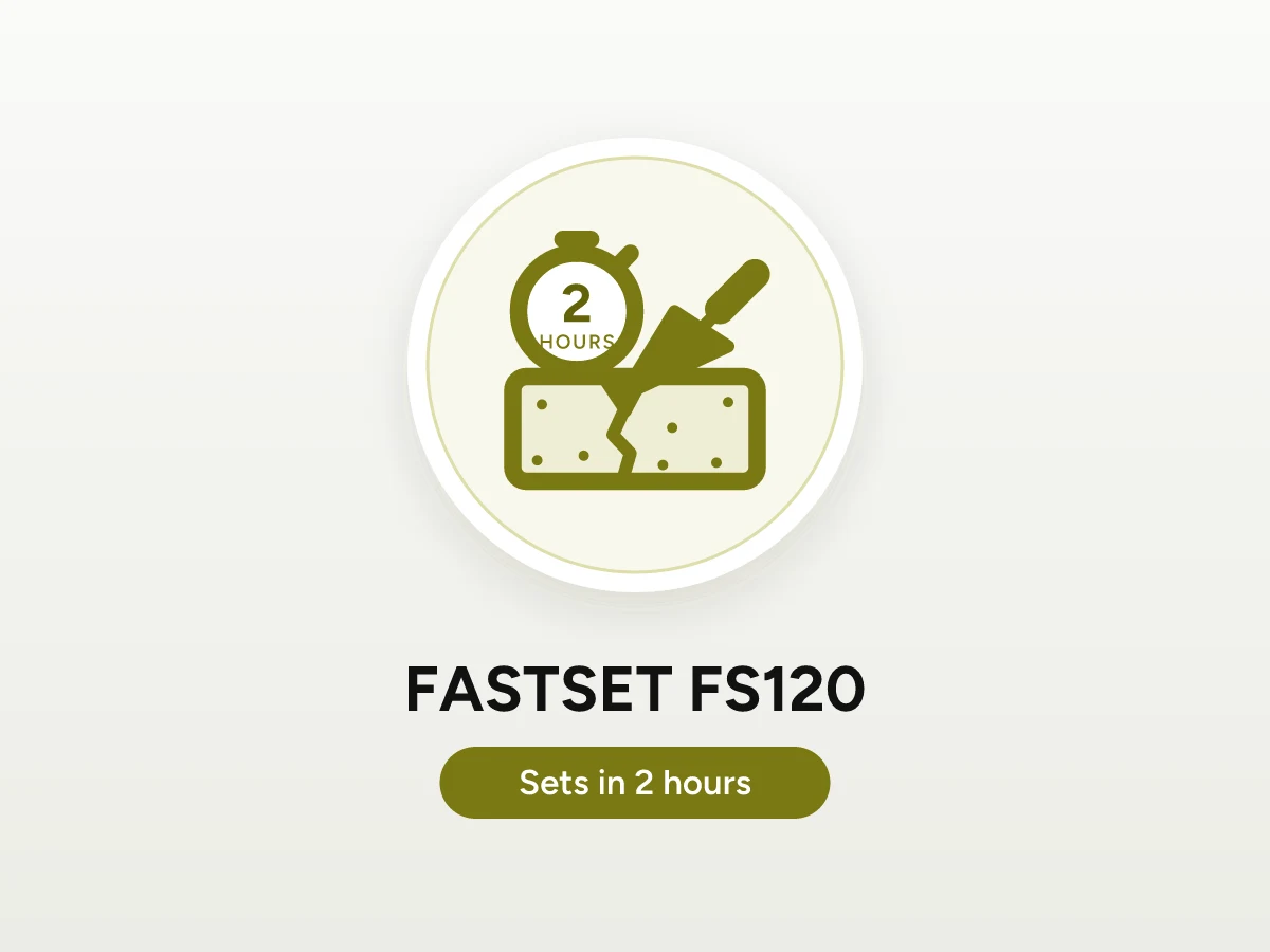 Icon of a trowel filling a crack in concrete, with a stopwatch showing the 2 hour set time of FASTSET FS120