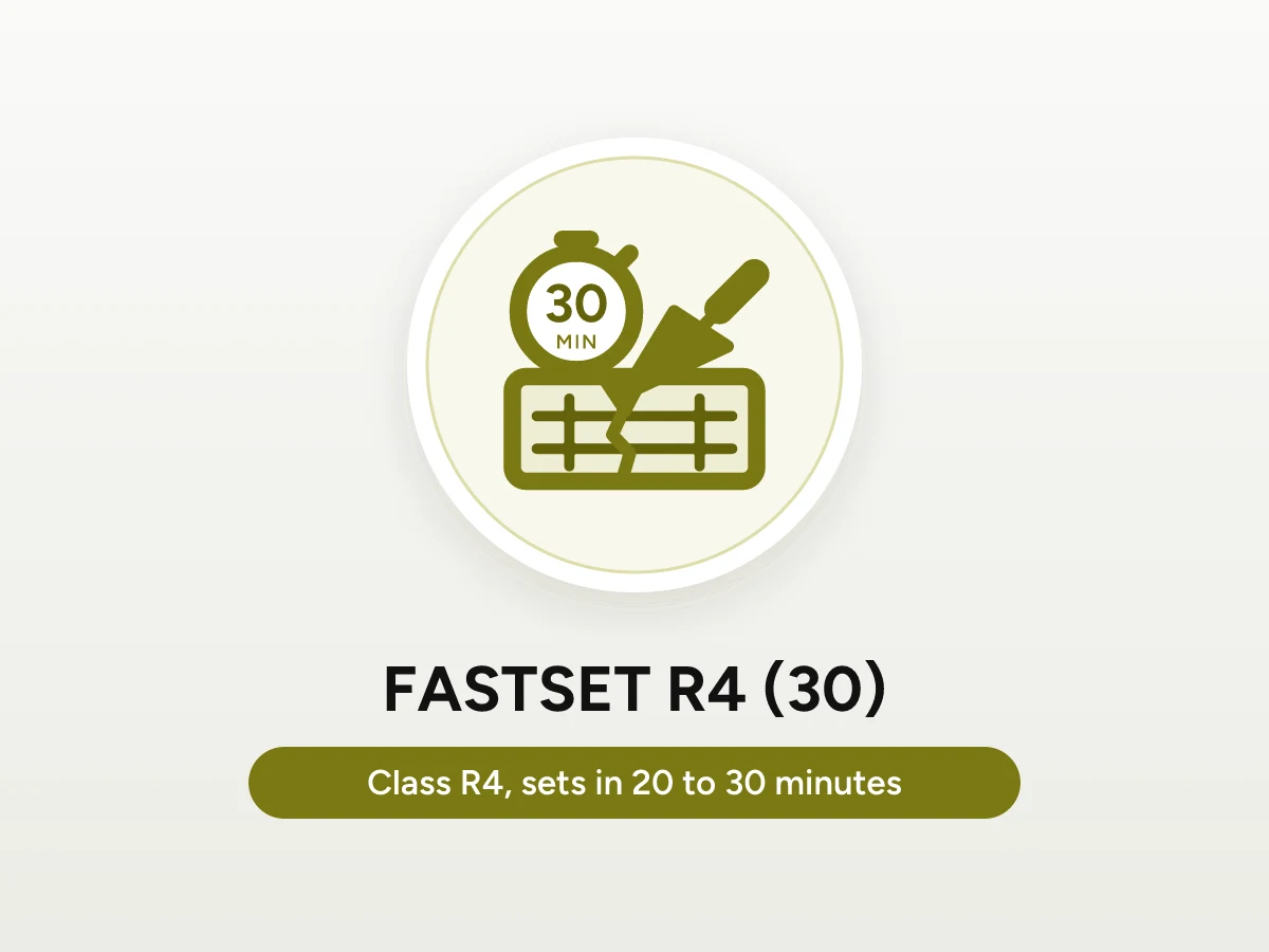 Icon of a trowel repairing cracked reinforced concrete, with a stopwatch showing the 30 minute set time of FASTSET R4 (30)